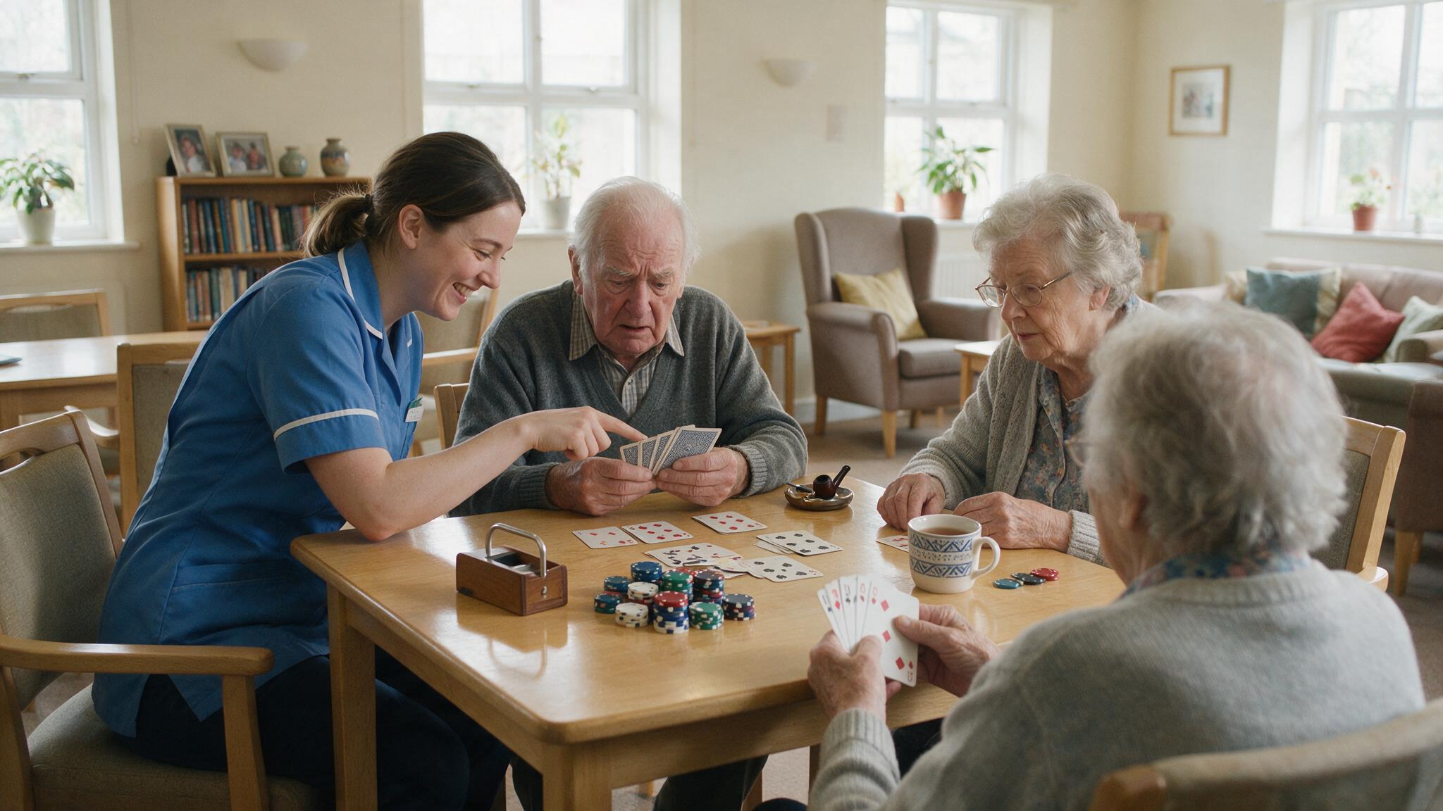 Elderly individuals playing cards with a caregiver assisting in a warm, friendly setting.